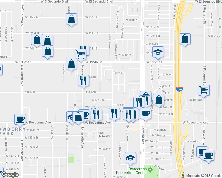 map of restaurants, bars, coffee shops, grocery stores, and more near 13819 Budlong Avenue in Gardena