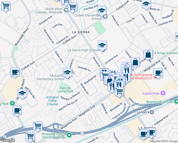 map of restaurants, bars, coffee shops, grocery stores, and more near 4024 Grimsby Lane in Riverside