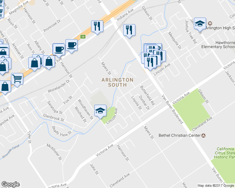 map of restaurants, bars, coffee shops, grocery stores, and more near 2915 Stockton Court in Riverside