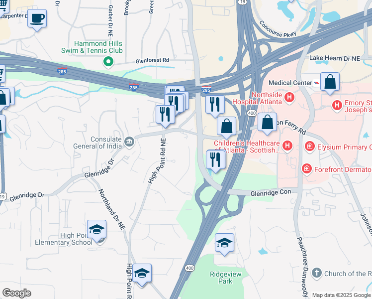 map of restaurants, bars, coffee shops, grocery stores, and more near 5520 Shiver Summit Northeast in Atlanta