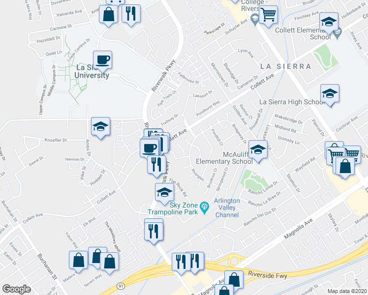 map of restaurants, bars, coffee shops, grocery stores, and more near 4273 Lakefall Court in Riverside