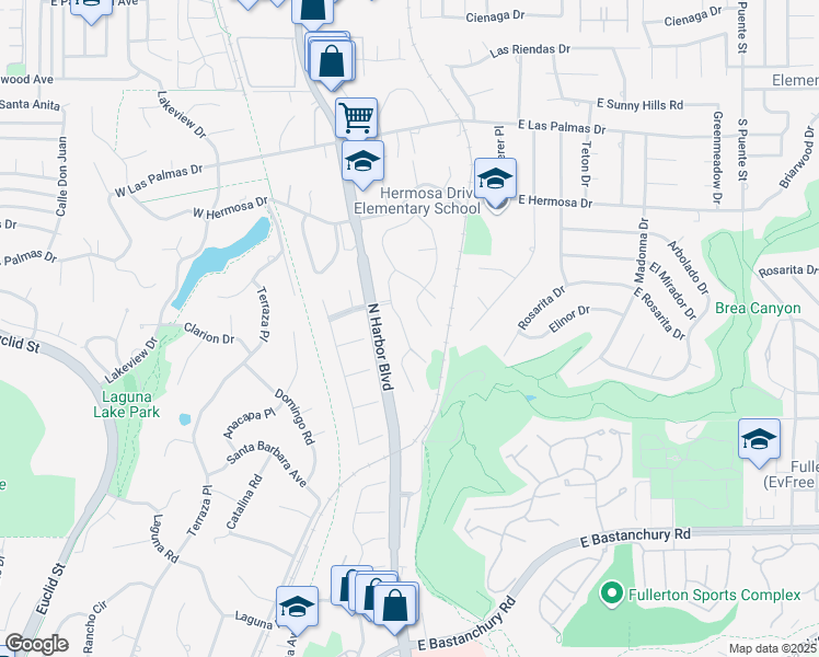 map of restaurants, bars, coffee shops, grocery stores, and more near 3010 San Juan Drive in Fullerton
