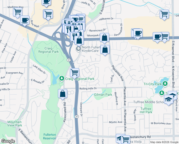 map of restaurants, bars, coffee shops, grocery stores, and more near 2851 Rolling Hills Drive in Fullerton