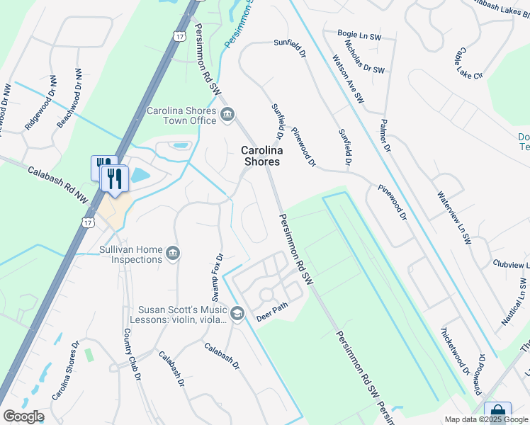 map of restaurants, bars, coffee shops, grocery stores, and more near 17 Bayberry Circle in Carolina Shores