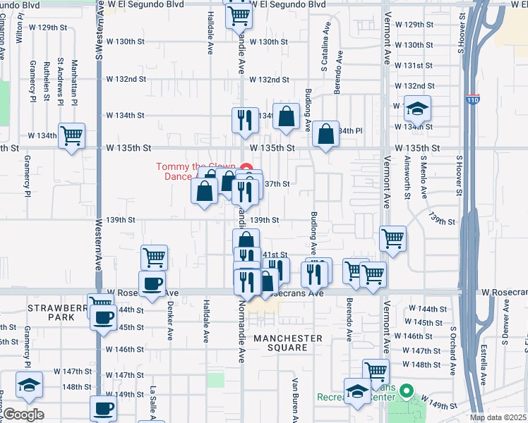 map of restaurants, bars, coffee shops, grocery stores, and more near 13813 Mariposa Avenue in Gardena