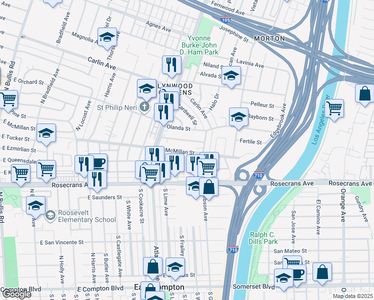 map of restaurants, bars, coffee shops, grocery stores, and more near 4625 East McMillan Street in Lynwood