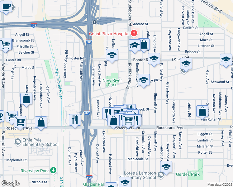 map of restaurants, bars, coffee shops, grocery stores, and more near 10850 Leffingwell Road in Norwalk