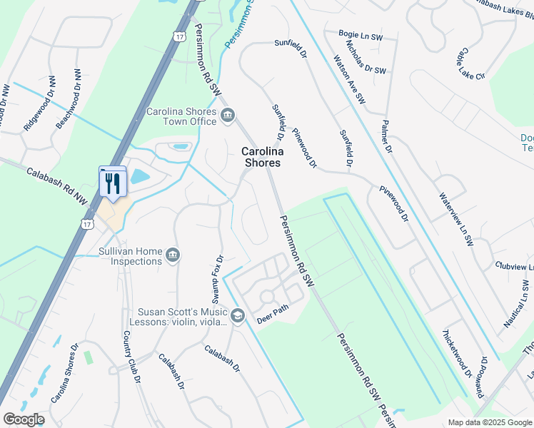 map of restaurants, bars, coffee shops, grocery stores, and more near 17 Bayberry Circle in Carolina Shores