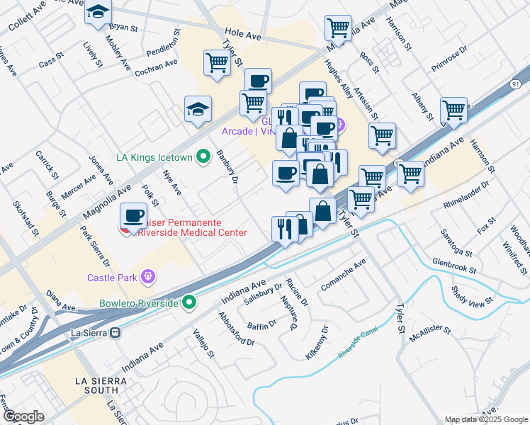 map of restaurants, bars, coffee shops, grocery stores, and more near 3535 Banbury Drive in Riverside
