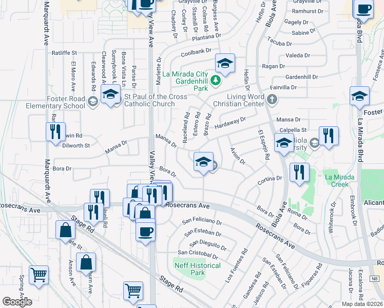 map of restaurants, bars, coffee shops, grocery stores, and more near 14305 Alicante Road in La Mirada