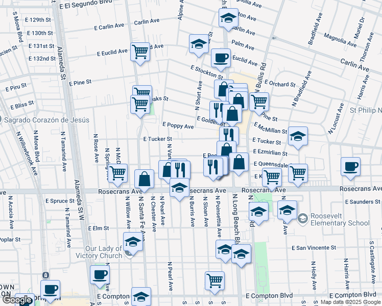 map of restaurants, bars, coffee shops, grocery stores, and more near 1101 East Peck Street in Compton