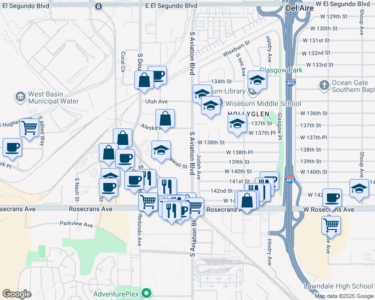 map of restaurants, bars, coffee shops, grocery stores, and more near 777 South Aviation Boulevard in El Segundo