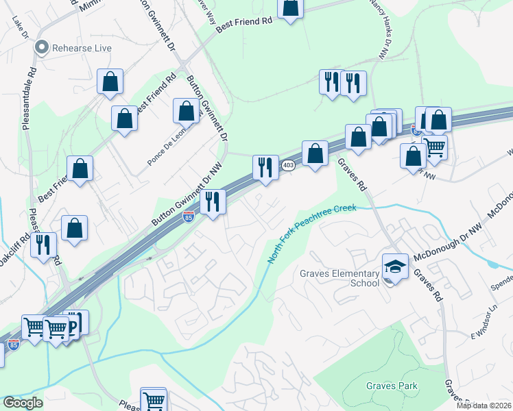 map of restaurants, bars, coffee shops, grocery stores, and more near 641 Chase Lane in Norcross