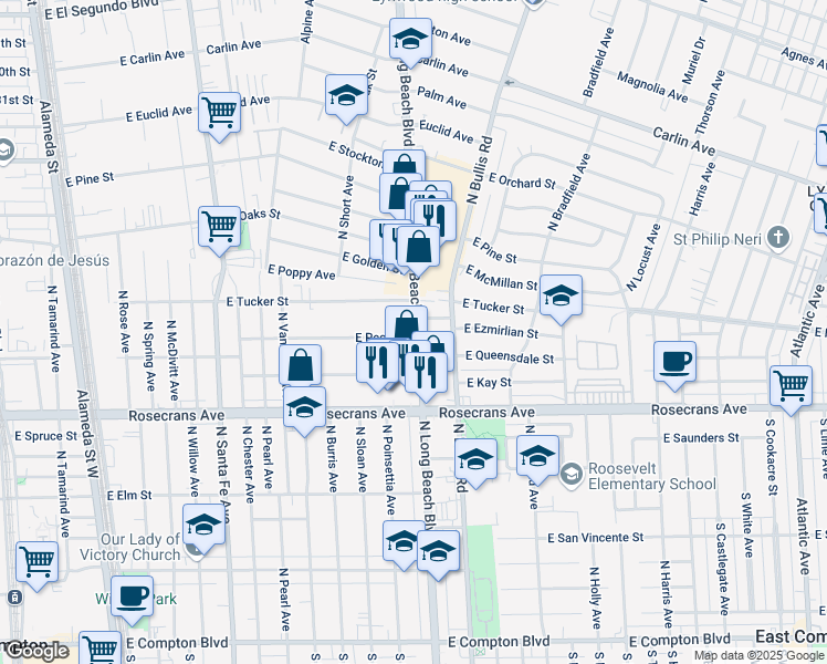 map of restaurants, bars, coffee shops, grocery stores, and more near 1501 North Long Beach Boulevard in Compton