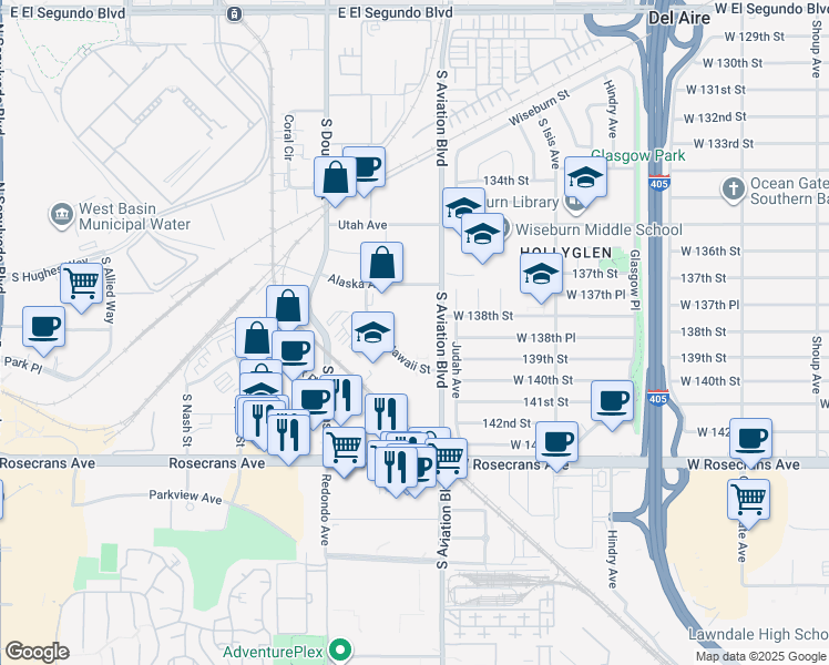 map of restaurants, bars, coffee shops, grocery stores, and more near 777 South Aviation Boulevard in El Segundo