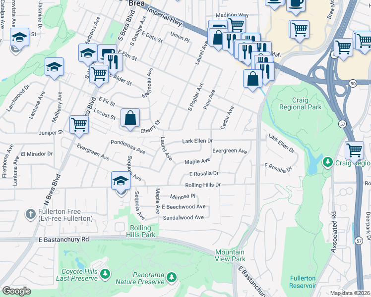 map of restaurants, bars, coffee shops, grocery stores, and more near 1801 Evergreen Avenue in Fullerton