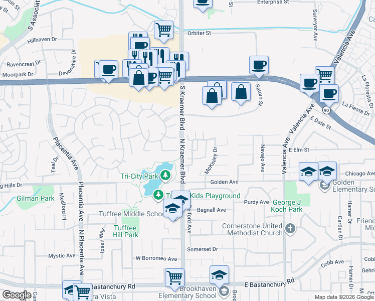 map of restaurants, bars, coffee shops, grocery stores, and more near 206 Allegheny Circle in Placentia