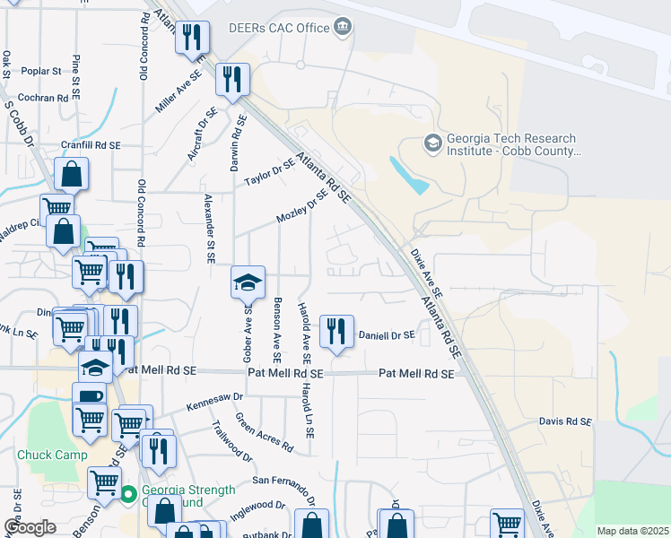 map of restaurants, bars, coffee shops, grocery stores, and more near 769 Belrose Drive Southeast in Smyrna