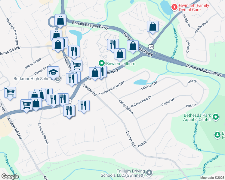 map of restaurants, bars, coffee shops, grocery stores, and more near 276 Valley Road Northwest in Lawrenceville