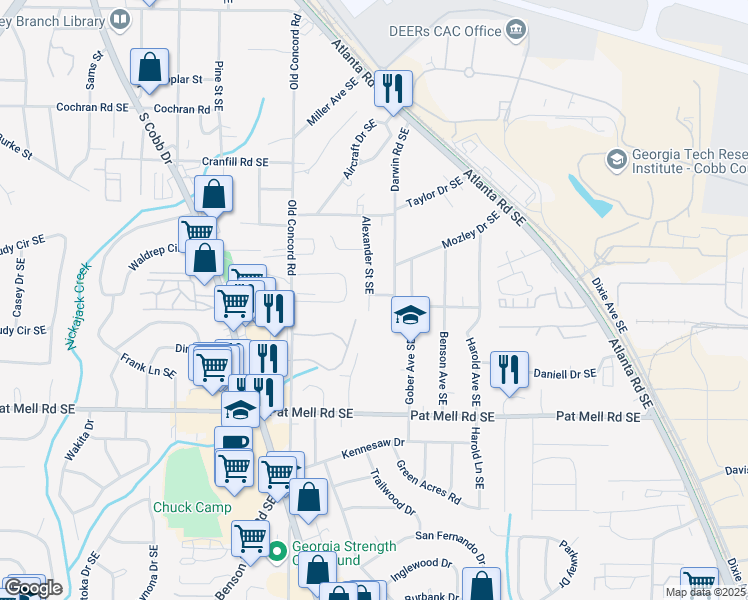 map of restaurants, bars, coffee shops, grocery stores, and more near 1927 Alexander Street Southeast in Smyrna