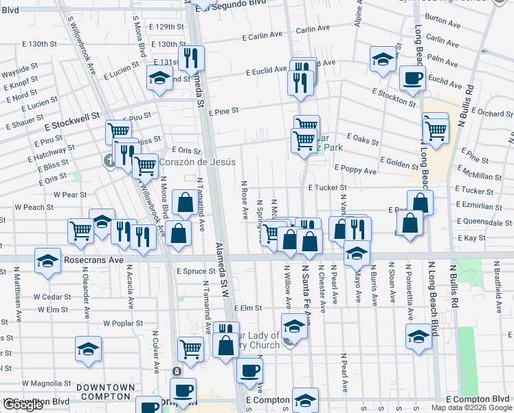 map of restaurants, bars, coffee shops, grocery stores, and more near 1423 North Spring Avenue in Compton