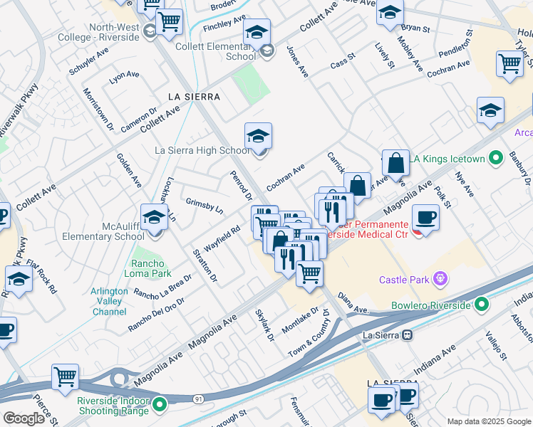 map of restaurants, bars, coffee shops, grocery stores, and more near 11104 Wayfield Road in Riverside