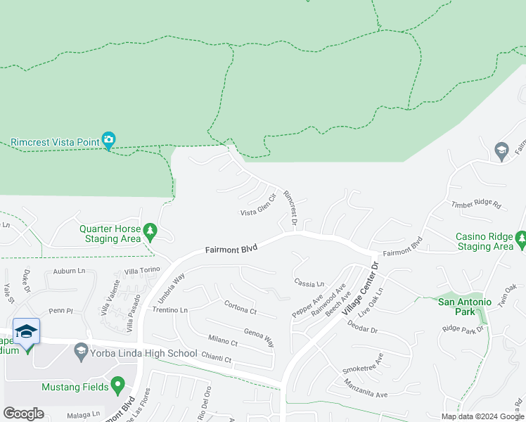 map of restaurants, bars, coffee shops, grocery stores, and more near 3640 Vista Glen Circle in Yorba Linda