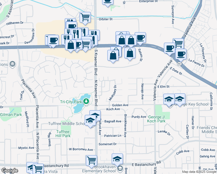 map of restaurants, bars, coffee shops, grocery stores, and more near 2407 Allegheny Way in Placentia