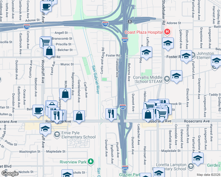 map of restaurants, bars, coffee shops, grocery stores, and more near 10632 Firwood Court in Norwalk