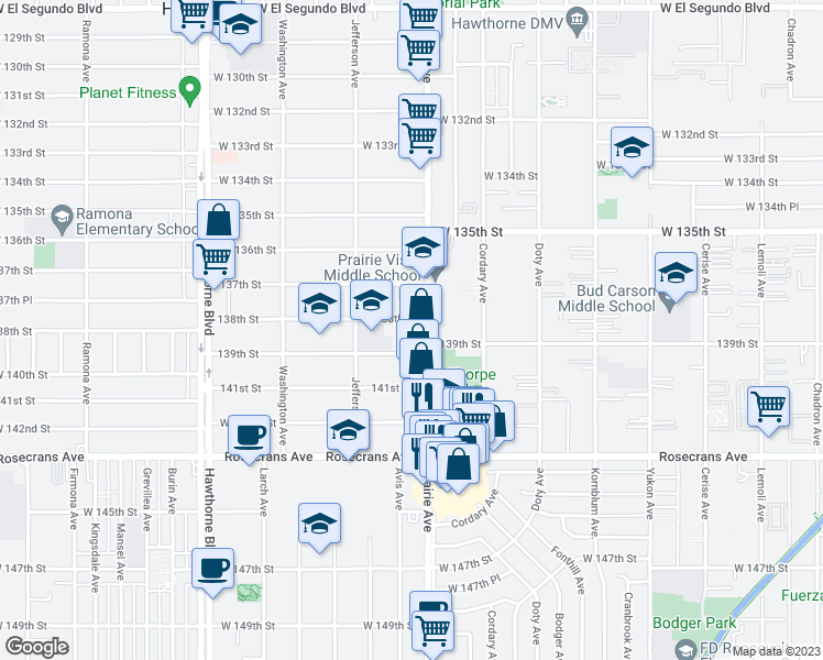 map of restaurants, bars, coffee shops, grocery stores, and more near 4000 138th Street in Hawthorne