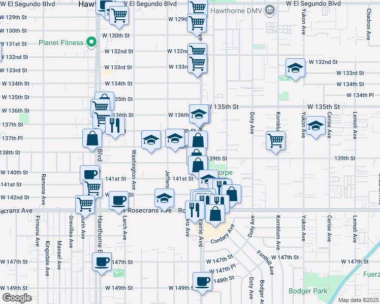 map of restaurants, bars, coffee shops, grocery stores, and more near 4068 138th Street in Hawthorne