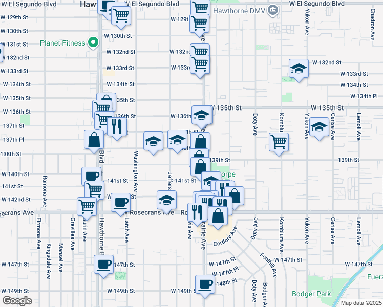 map of restaurants, bars, coffee shops, grocery stores, and more near 4068 138th Street in Hawthorne