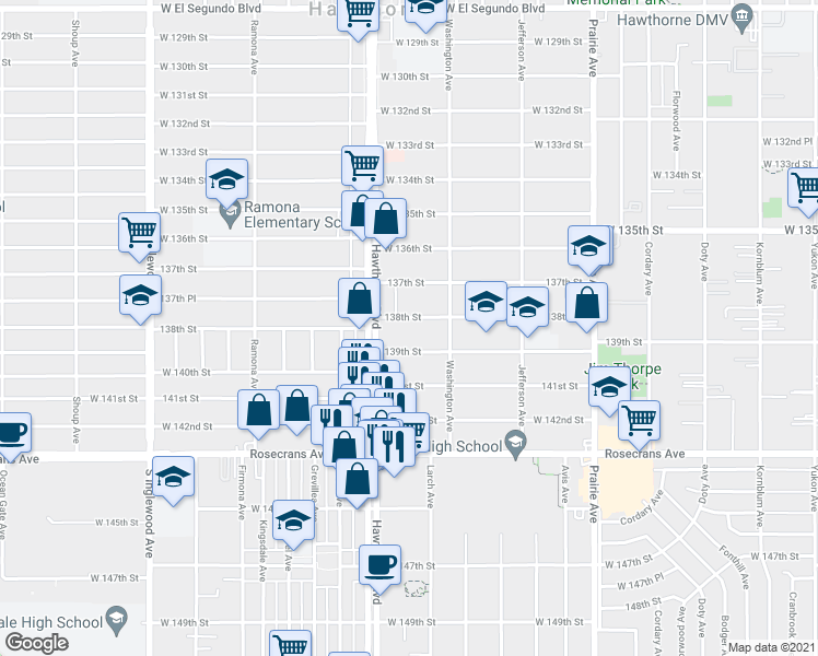 map of restaurants, bars, coffee shops, grocery stores, and more near 4386 138th Street in Hawthorne