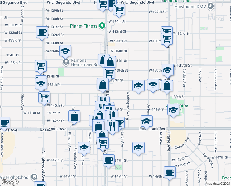 map of restaurants, bars, coffee shops, grocery stores, and more near 4386 138th Street in Hawthorne