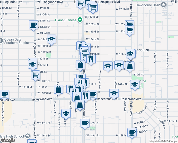 map of restaurants, bars, coffee shops, grocery stores, and more near 4386 138th Street in Hawthorne
