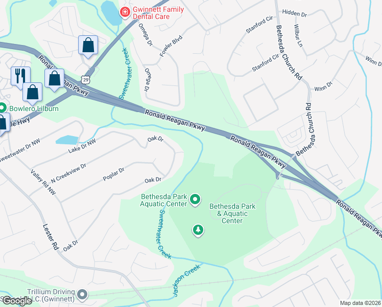 map of restaurants, bars, coffee shops, grocery stores, and more near 3160 Oak Drive in Lawrenceville