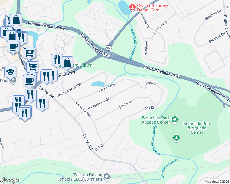 map of restaurants, bars, coffee shops, grocery stores, and more near 3343 North Creekview Drive in Lawrenceville