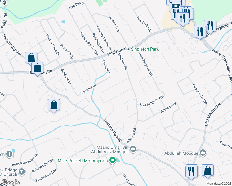 map of restaurants, bars, coffee shops, grocery stores, and more near 5383 Bishops Circle in Norcross