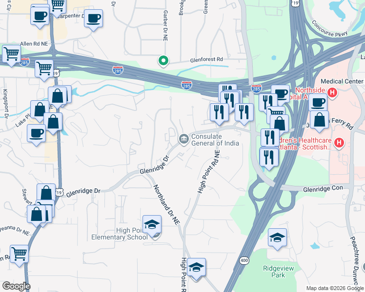 map of restaurants, bars, coffee shops, grocery stores, and more near 5549 Glenridge Drive in Atlanta