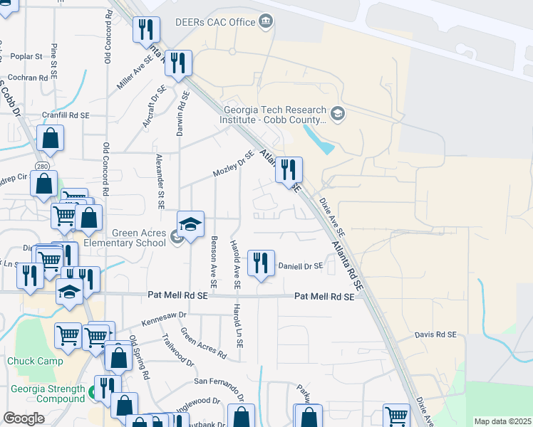 map of restaurants, bars, coffee shops, grocery stores, and more near 769 Belrose Drive Southeast in Smyrna