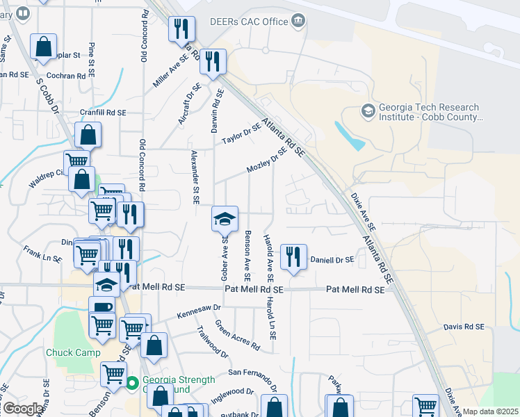 map of restaurants, bars, coffee shops, grocery stores, and more near 707 Medford Place Southeast in Smyrna