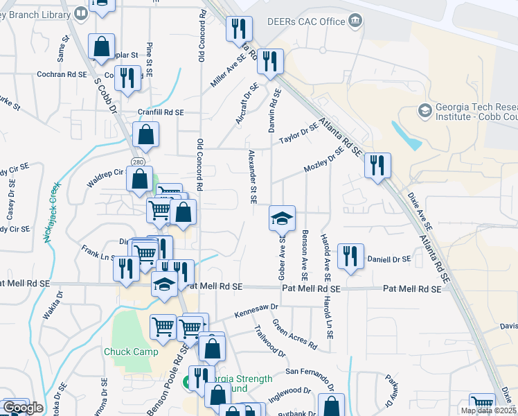 map of restaurants, bars, coffee shops, grocery stores, and more near 1927 Alexander Street Southeast in Smyrna