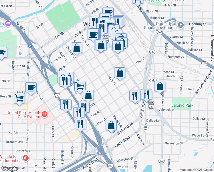 map of restaurants, bars, coffee shops, grocery stores, and more near 1201 Austin Street in Wichita Falls