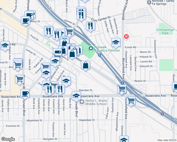 map of restaurants, bars, coffee shops, grocery stores, and more near 12335 Front Street in Norwalk
