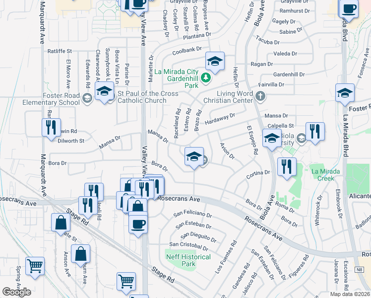 map of restaurants, bars, coffee shops, grocery stores, and more near 14305 Alicante Road in La Mirada