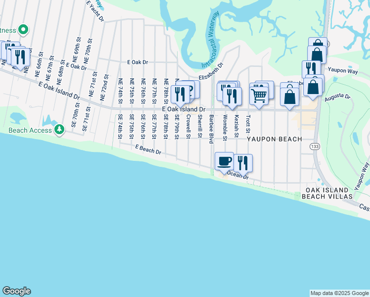 map of restaurants, bars, coffee shops, grocery stores, and more near 207 Crowell Street in Oak Island