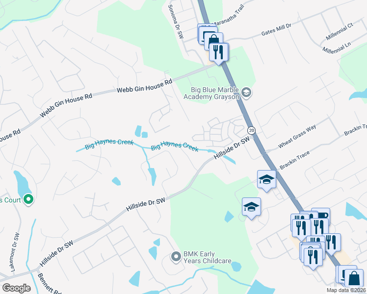 map of restaurants, bars, coffee shops, grocery stores, and more near 1540 Hill Crossing Court in Grayson