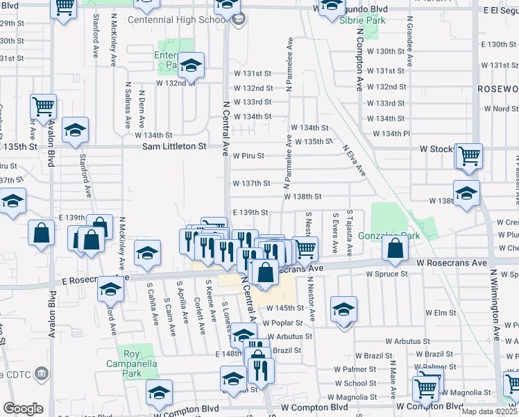 map of restaurants, bars, coffee shops, grocery stores, and more near 1253 E 139th St in Compton