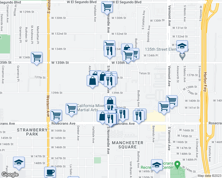 map of restaurants, bars, coffee shops, grocery stores, and more near 13850 Normandie Avenue in Gardena