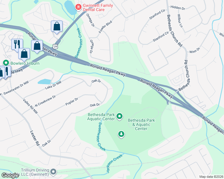 map of restaurants, bars, coffee shops, grocery stores, and more near 3160 Oak Drive in Lawrenceville
